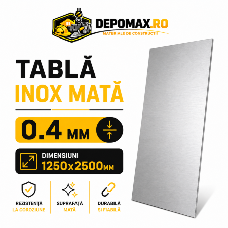 Tabla inox mata AISI 304 2B, 0.4 x 1250 x 2500 mm, 3.125 mp